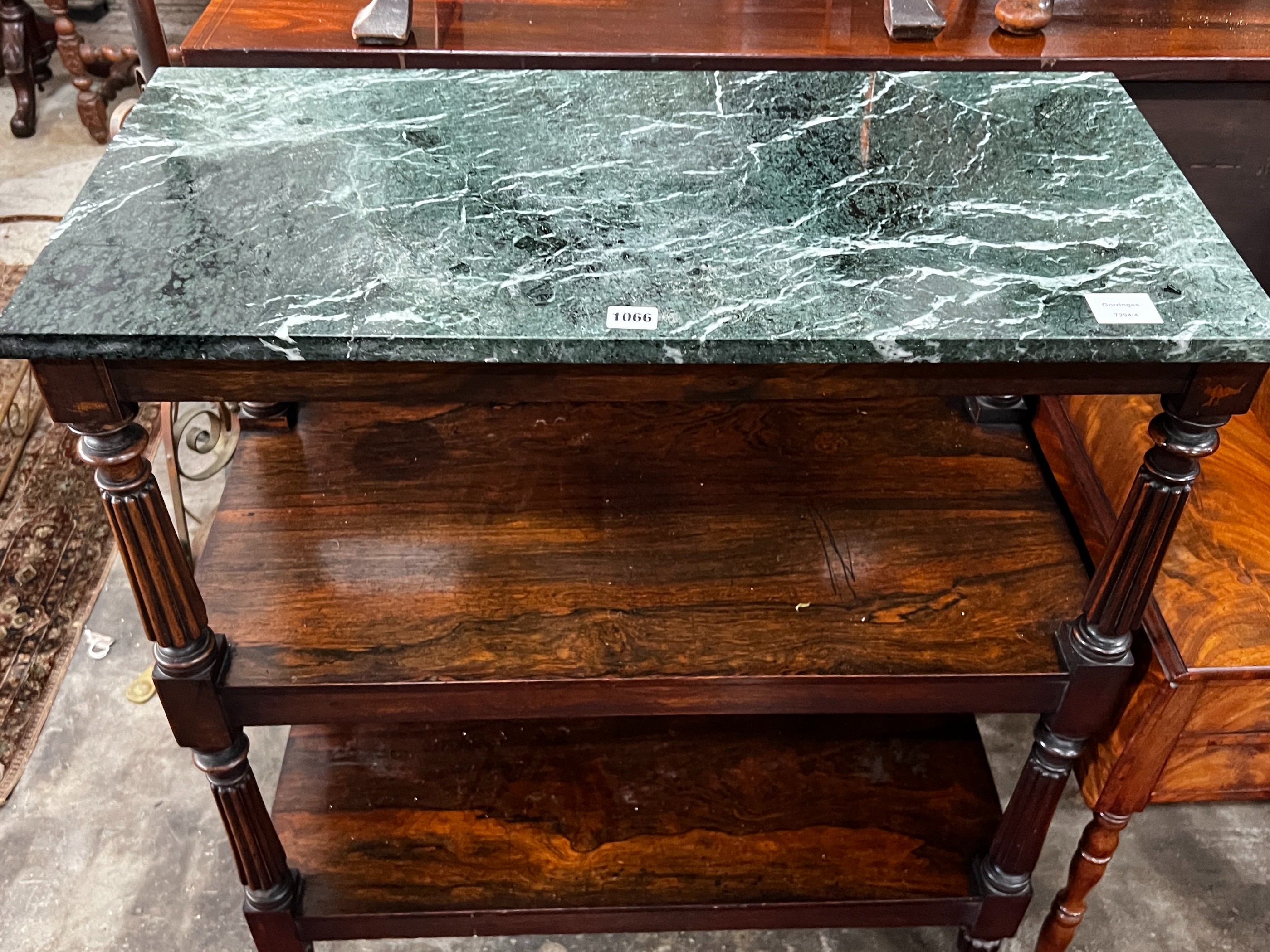 A Victorian rosewood buffet, with associated green marble top, width 79cm, depth 38cm, height 93cm